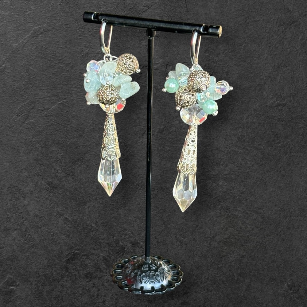 Handmade Pierced Earrings with Vintage Parts, Lucite Drops, and Bead Cluster - Picture 5 of 7